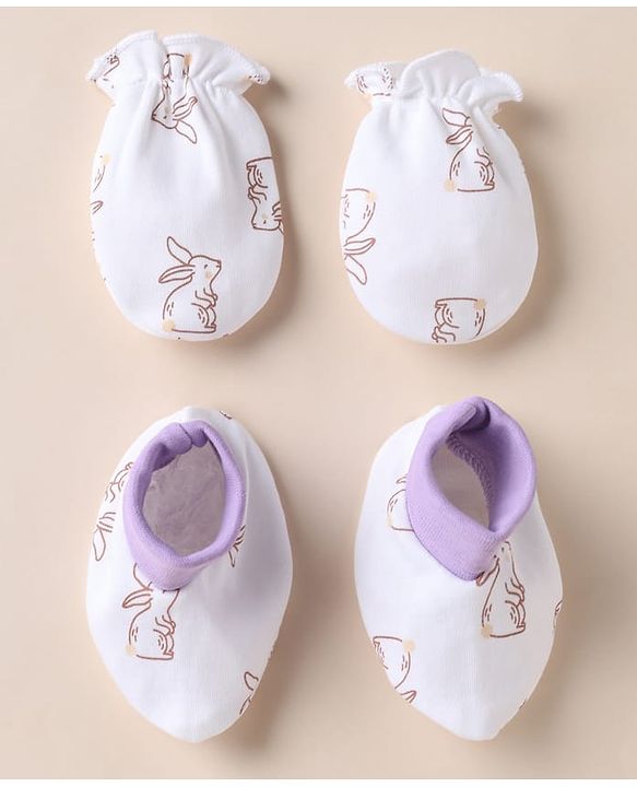 Babyhug 100% Cotton Interlock Knit Mittens & Booties With Bunny Print- White
