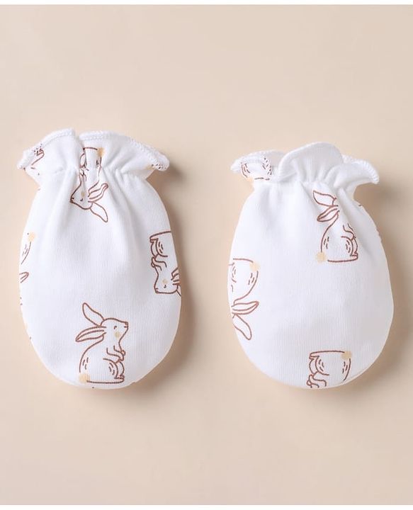 Babyhug 100% Cotton Interlock Knit Mittens & Booties With Bunny Print- White