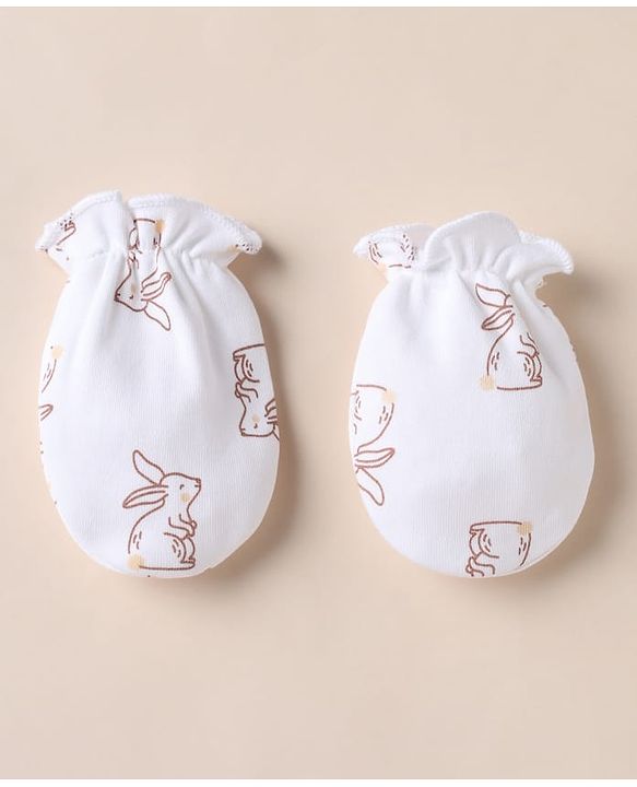 Babyhug 100% Cotton Interlock Knit Mittens & Booties With Bunny Print- White
