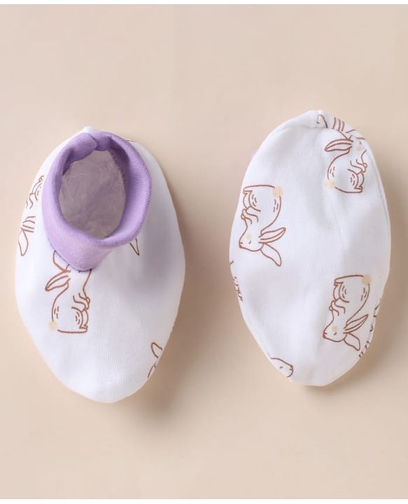 Babyhug 100% Cotton Interlock Knit Mittens & Booties With Bunny Print- White