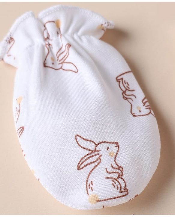 Babyhug 100% Cotton Interlock Knit Mittens & Booties With Bunny Print- White