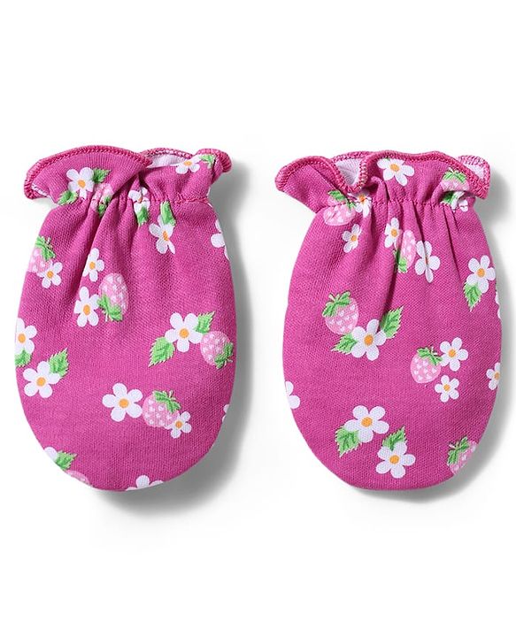 Babyhug 100% Cotton Knit Floral & Starwberry Printed Mittens & Booties Set - Multicolor