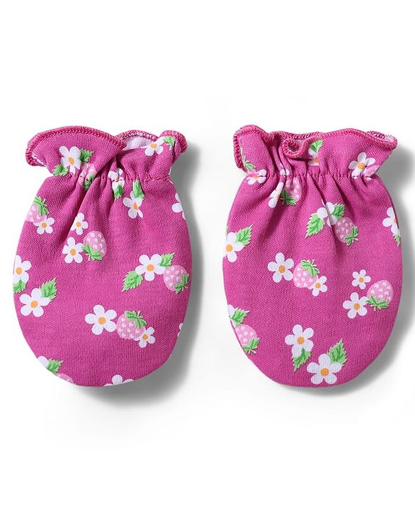 Babyhug 100% Cotton Knit Floral & Starwberry Printed Mittens & Booties Set - Multicolor
