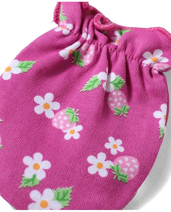 Babyhug 100% Cotton Knit Floral & Starwberry Printed Mittens & Booties Set - Multicolor