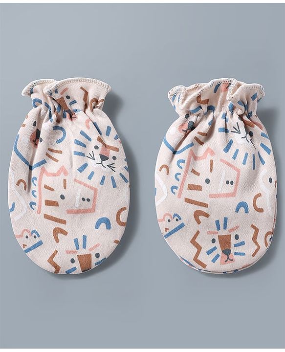 Babyhug 100% Cotton Knit Animals Printed Mittens & Booties Set - Multicolor