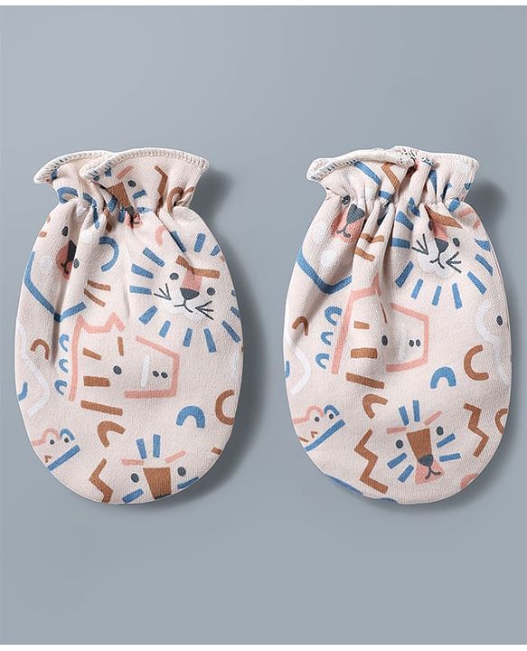 Babyhug 100% Cotton Knit Animals Printed Mittens & Booties Set - Multicolor