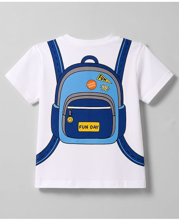 Babyhug 100% Cotton Knit Half Sleeves Backpack Printed T-Shirt & Shorts Set - White & Navy Blue