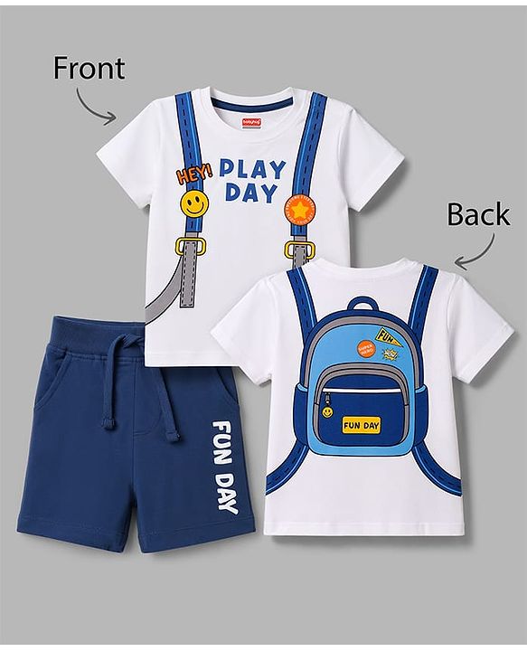 Babyhug 100% Cotton Knit Half Sleeves Backpack Printed T-Shirt & Shorts Set - White & Navy Blue