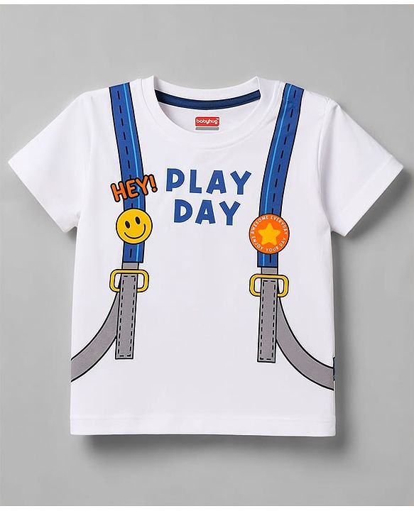 Babyhug 100% Cotton Knit Half Sleeves Backpack Printed T-Shirt & Shorts Set - White & Navy Blue