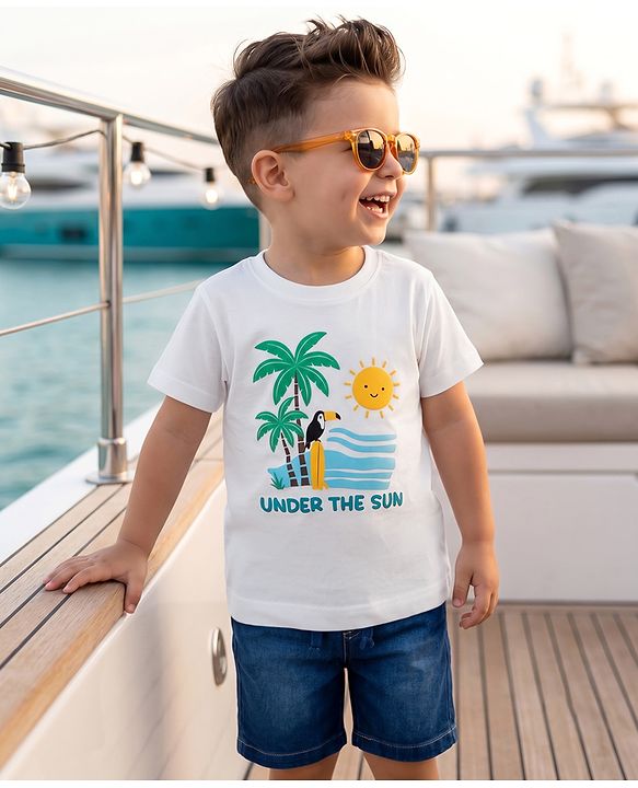 Babyhug Single Jersey Knit Half Sleeves Beach Theme Printed T-Shirt & Shorts Set - White & Blue