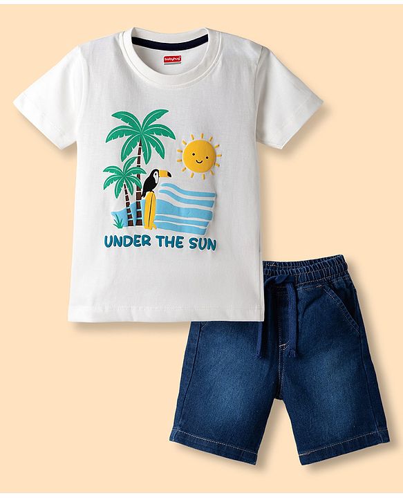 Babyhug Single Jersey Knit Half Sleeves Beach Theme Printed T-Shirt & Shorts Set - White & Blue