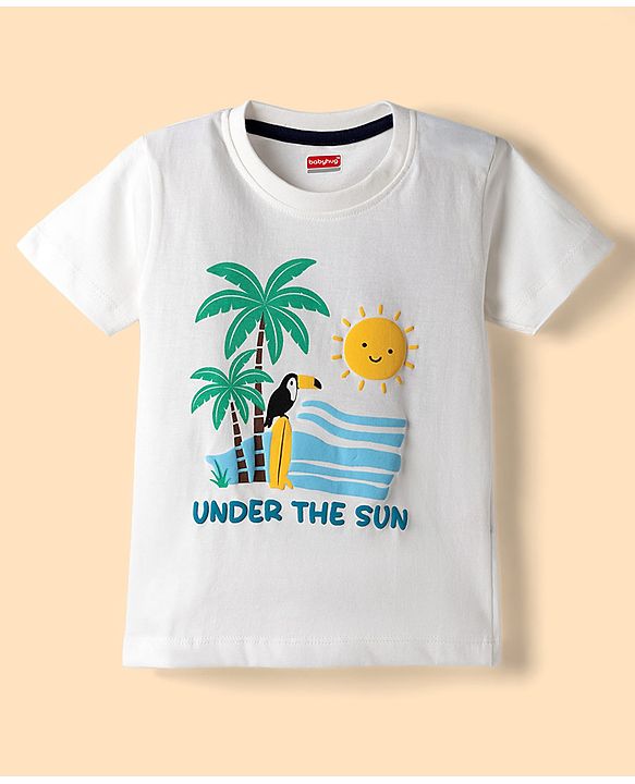 Babyhug Single Jersey Knit Half Sleeves Beach Theme Printed T-Shirt & Shorts Set - White & Blue