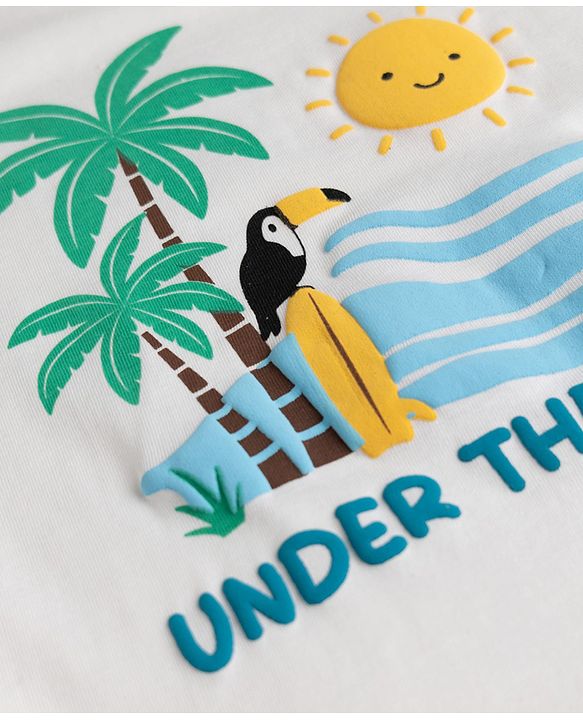 Babyhug Single Jersey Knit Half Sleeves Beach Theme Printed T-Shirt & Shorts Set - White & Blue