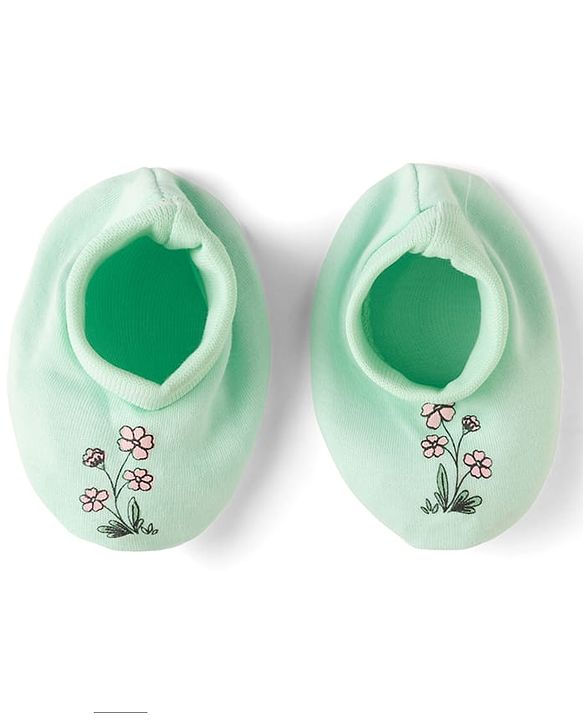 Babyhug 100% Cotton Iterlock Knit Mittens & Booties with Floral Print - Mint Green