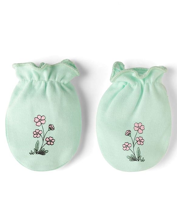 Babyhug 100% Cotton Iterlock Knit Mittens & Booties with Floral Print - Mint Green