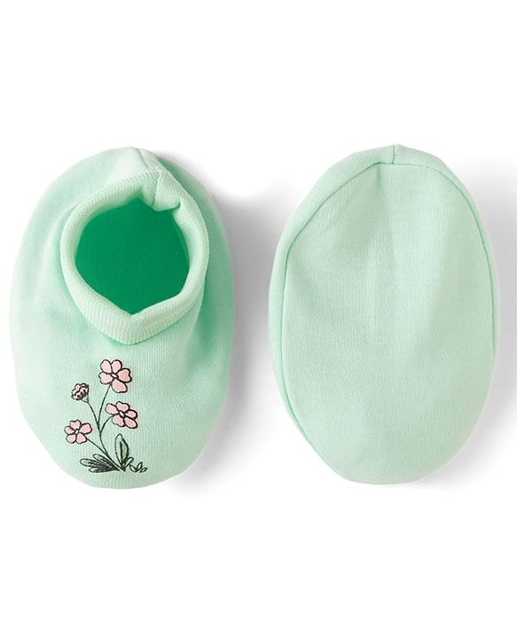Babyhug 100% Cotton Iterlock Knit Mittens & Booties with Floral Print - Mint Green