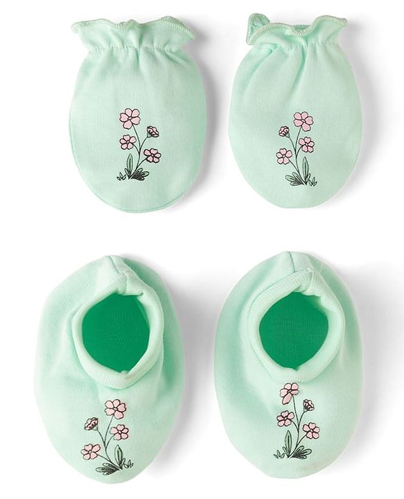 Babyhug 100% Cotton Iterlock Knit Mittens & Booties with Floral Print - Mint Green