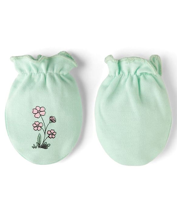 Babyhug 100% Cotton Iterlock Knit Mittens & Booties with Floral Print - Mint Green