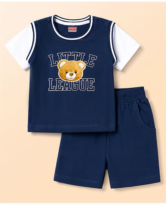 Babyhug 100% Cotton Single Jersey Knit Half Sleeves Bear & Text Printed T-Shirt & Shorts Set - Navy
