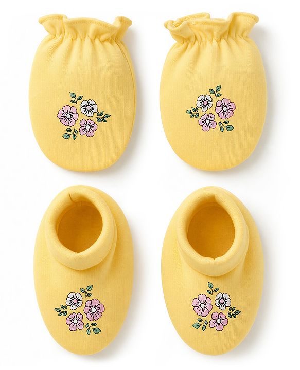 Babyhug 100% Cotton Knit Floral Printed Mittens & Booties - Yellow