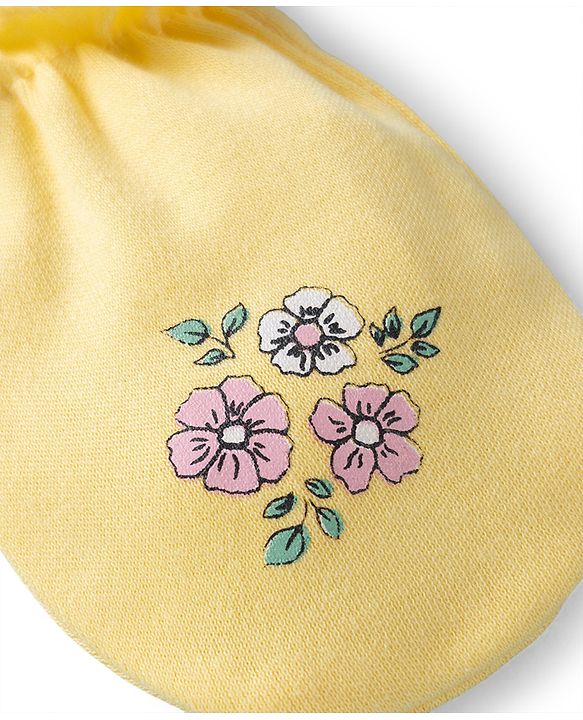 Babyhug 100% Cotton Knit Floral Printed Mittens & Booties - Yellow