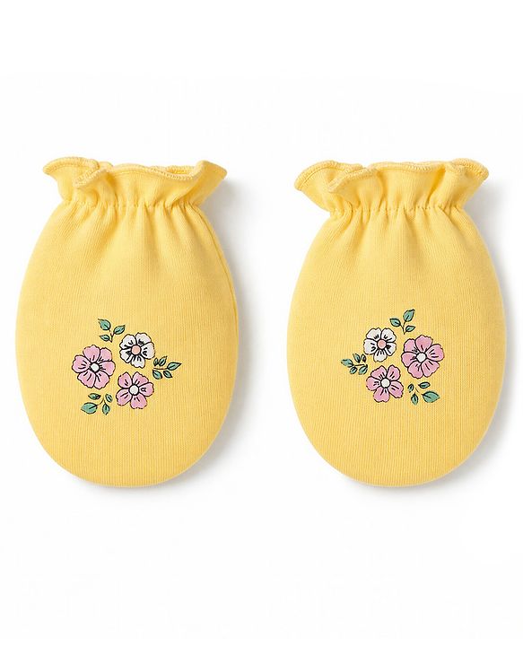 Babyhug 100% Cotton Knit Floral Printed Mittens & Booties - Yellow