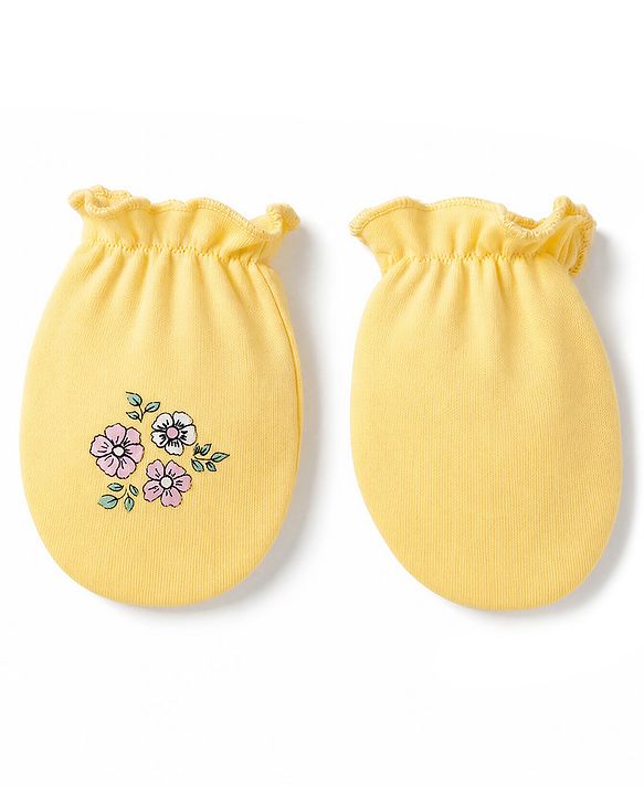Babyhug 100% Cotton Knit Floral Printed Mittens & Booties - Yellow