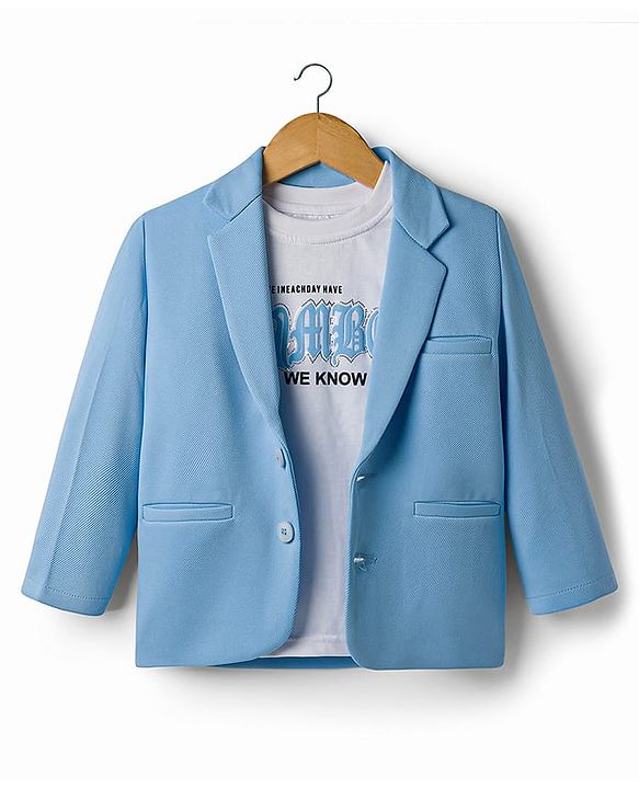 Babyhug Knit Full Sleeves Solid Blazer With Printed T-Shirt - Blue