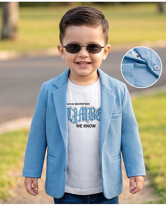 Babyhug Knit Full Sleeves Solid Blazer With Printed T-Shirt - Blue