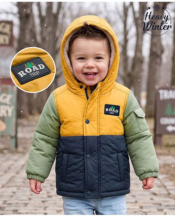 Babyhug Woven Full Sleeves Padded Hooded Jacket with Road Trip Patch -Yellow