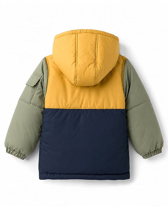 Babyhug Woven Full Sleeves Padded Hooded Jacket with Road Trip Patch -Yellow