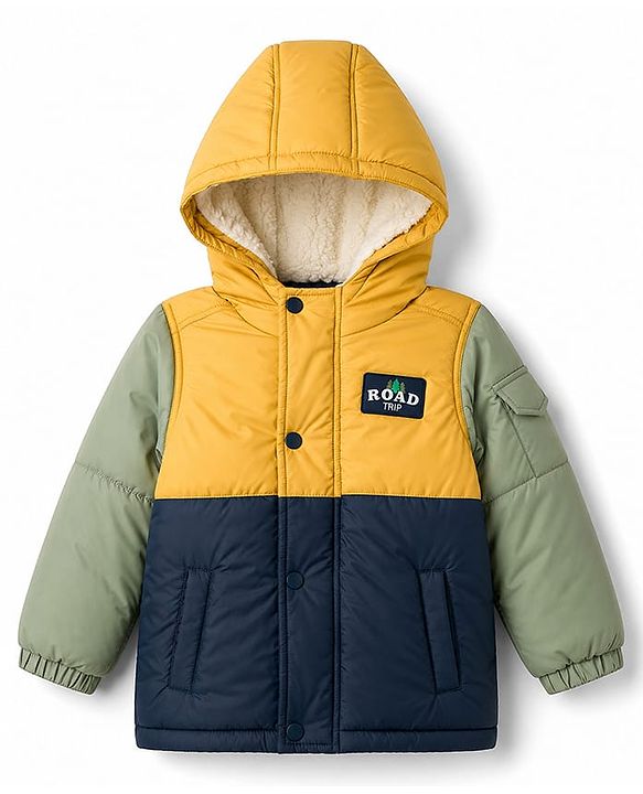 Babyhug Woven Full Sleeves Padded Hooded Jacket with Road Trip Patch -Yellow