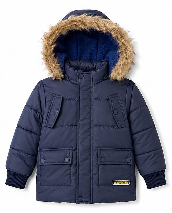 Babyhug Woven Full Sleeves Padded Quilted Jacket with Detachable Hood - Navy Blue