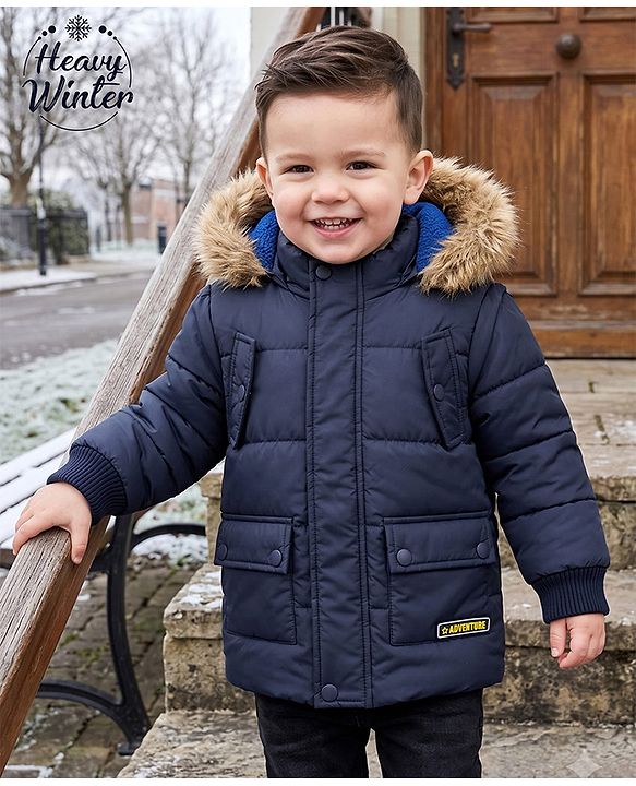 Babyhug Woven Full Sleeves Padded Quilted Jacket with Detachable Hood - Navy Blue