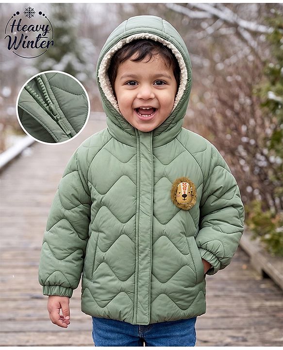Babyhug Woven Full Raglan  Sleeves  Quilted Hooded Winter Jacket with Lion Patch - Olive