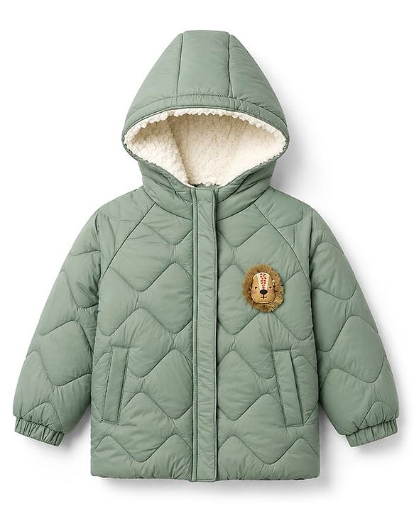 Babyhug Woven Full Raglan  Sleeves  Quilted Hooded Winter Jacket with Lion Patch - Olive