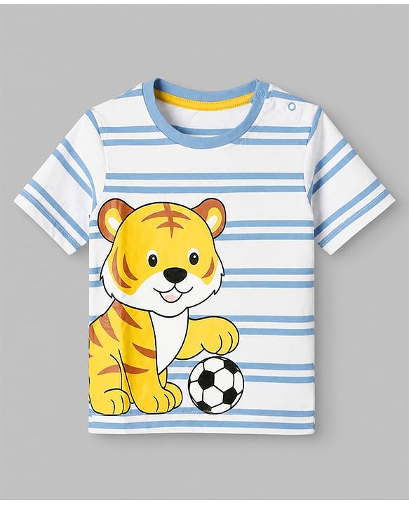 Babyhug 100% Cotton Single Jersey Knit Half Sleeves Striped T-Shirt & Short with Tiger Print - Light Blue