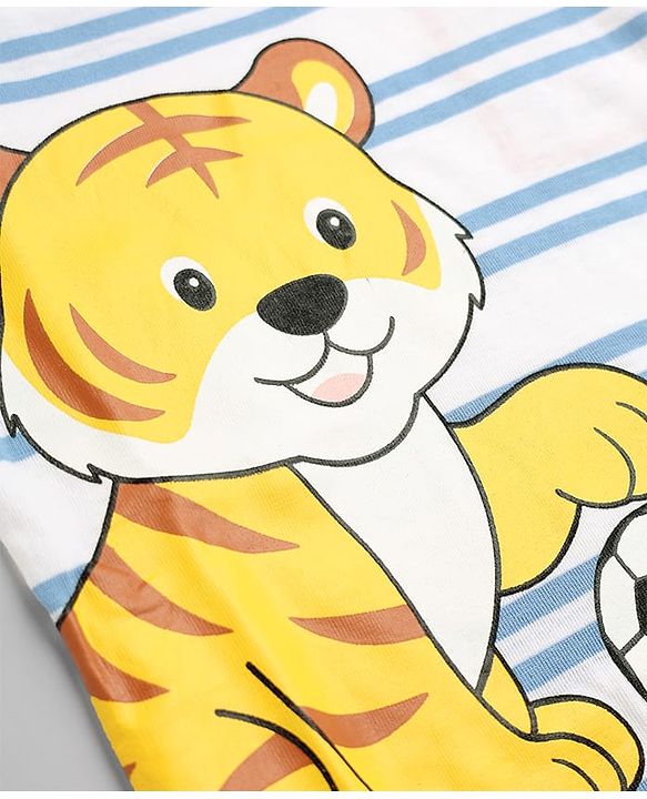 Babyhug 100% Cotton Single Jersey Knit Half Sleeves Striped T-Shirt & Short with Tiger Print - Light Blue