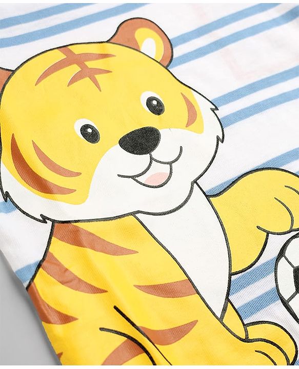Babyhug 100% Cotton Single Jersey Knit Half Sleeves Striped T-Shirt & Short with Tiger Print - Light Blue