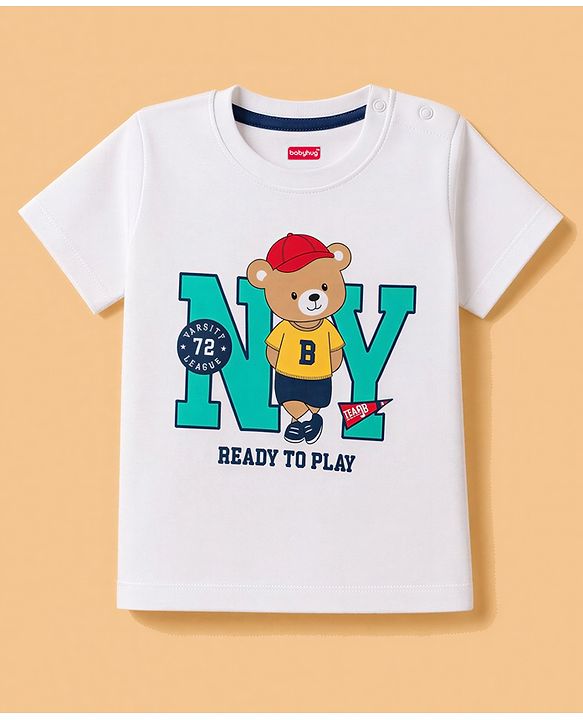 Babyhug 100% Cotton Single Jersey Knit Half Sleeves T-Shirt & Shorts With Teddy Bear Print - White
