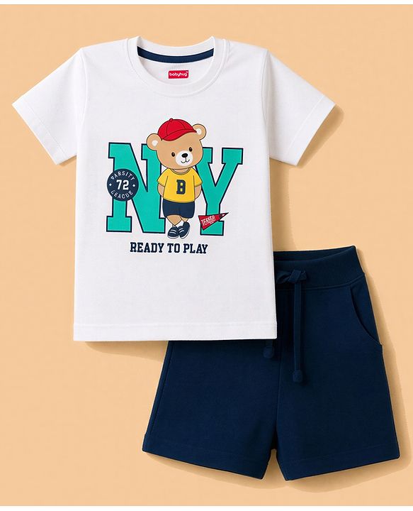 Babyhug 100% Cotton Single Jersey Knit Half Sleeves T-Shirt & Shorts With Teddy Bear Print - White