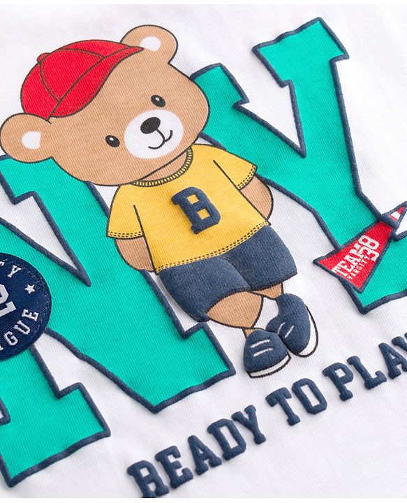 Babyhug 100% Cotton Single Jersey Knit Half Sleeves T-Shirt & Shorts With Teddy Bear Print - White