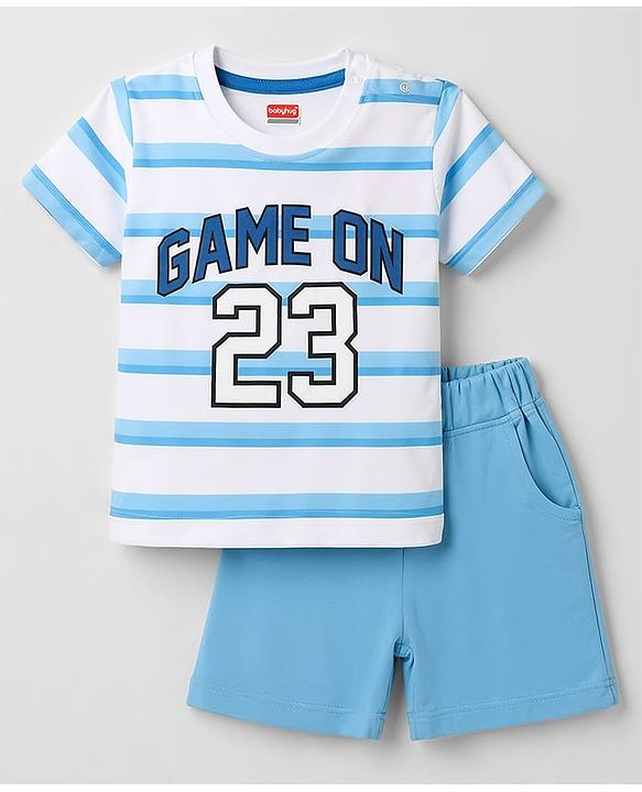 Babyhug 100% Cotton Knit Half Sleeves Striped & Text Printed T-Shirt & Shorts Set - Light Blue