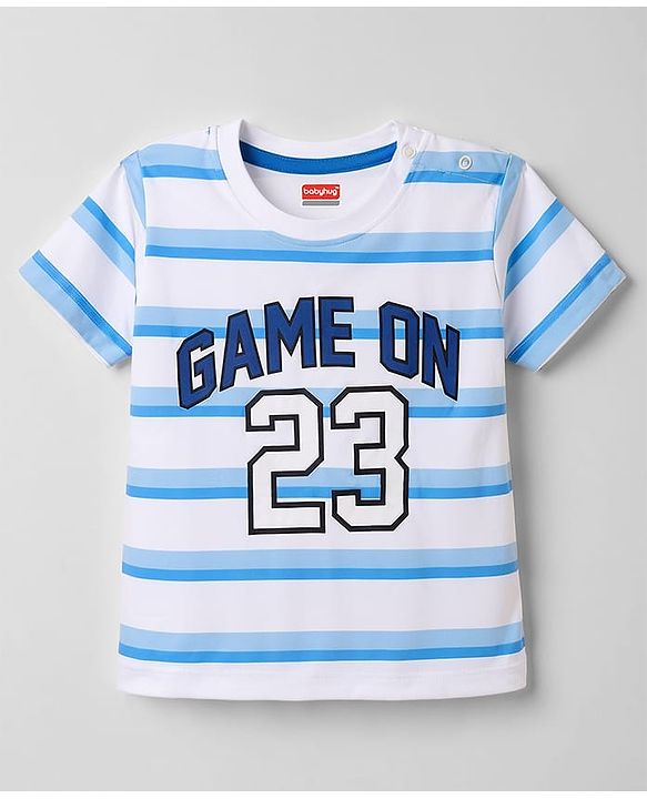 Babyhug 100% Cotton Knit Half Sleeves Striped & Text Printed T-Shirt & Shorts Set - Light Blue