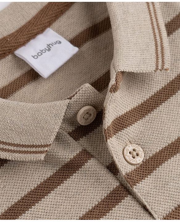 Babyhug 100% Cotton Single Jersey Knit Half Sleeves Striped T-Shirt with Shorts Set Vehicle & Teddy Print - Brown