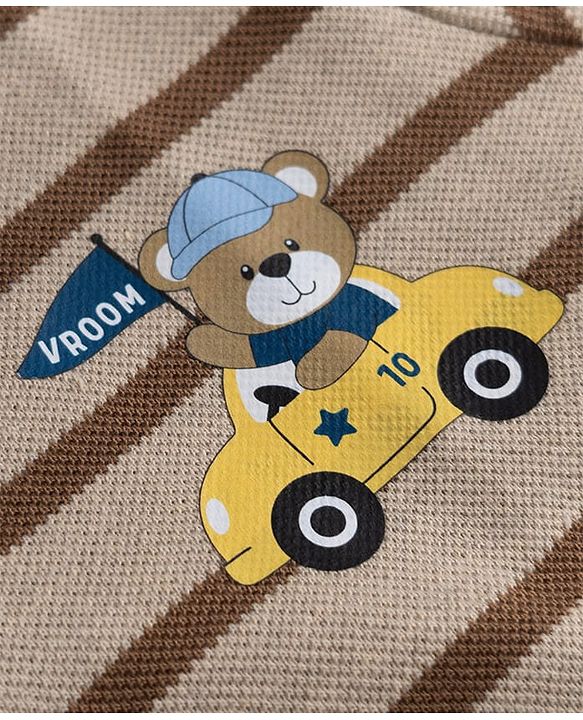 Babyhug 100% Cotton Single Jersey Knit Half Sleeves Striped T-Shirt with Shorts Set Vehicle & Teddy Print - Brown