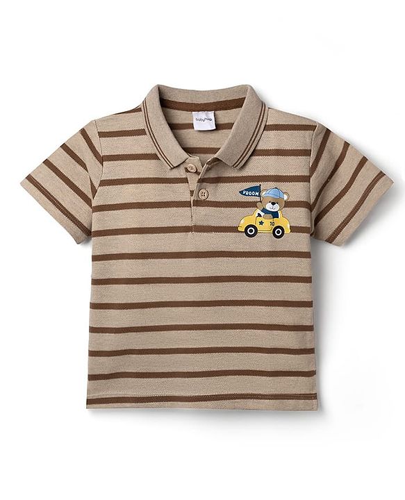 Babyhug 100% Cotton Single Jersey Knit Half Sleeves Striped T-Shirt with Shorts Set Vehicle & Teddy Print - Brown