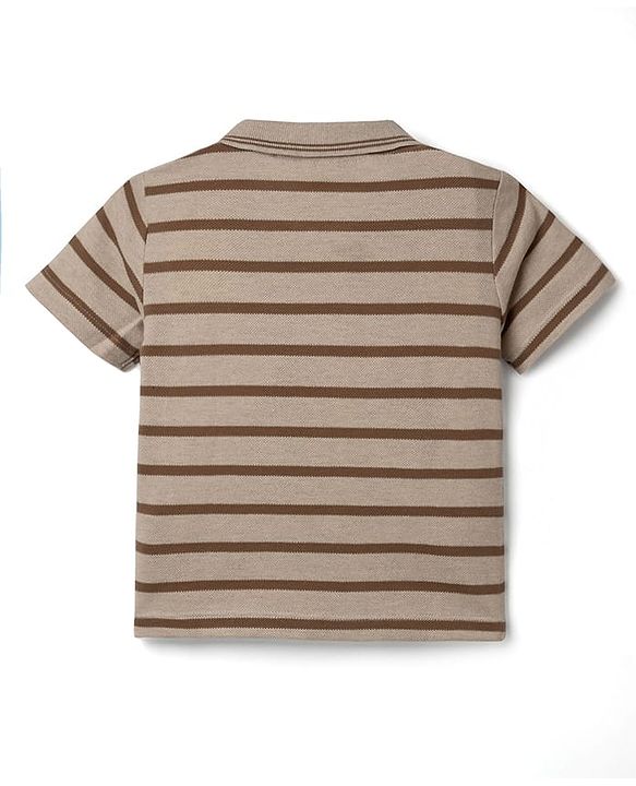 Babyhug 100% Cotton Single Jersey Knit Half Sleeves Striped T-Shirt with Shorts Set Vehicle & Teddy Print - Brown