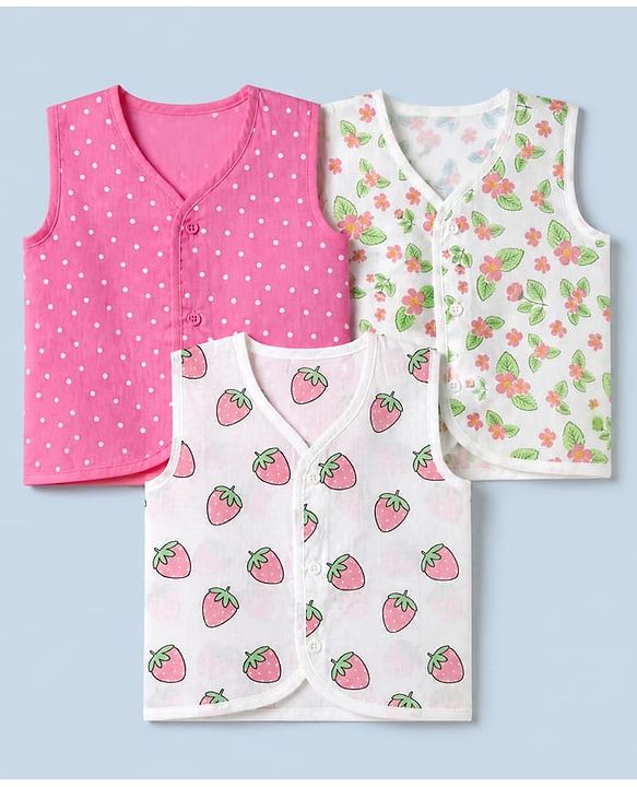 Babyhug 100% Cotton Cambric Knit Sleeveless Front Open Jhablas With Strawberry Floral Print Pack of 3 - Pink , Yellow White