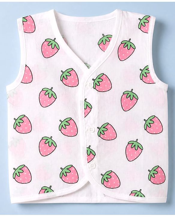 Babyhug 100% Cotton Cambric Knit Sleeveless Front Open Jhablas With Strawberry Floral Print Pack of 3 - Pink , Yellow White